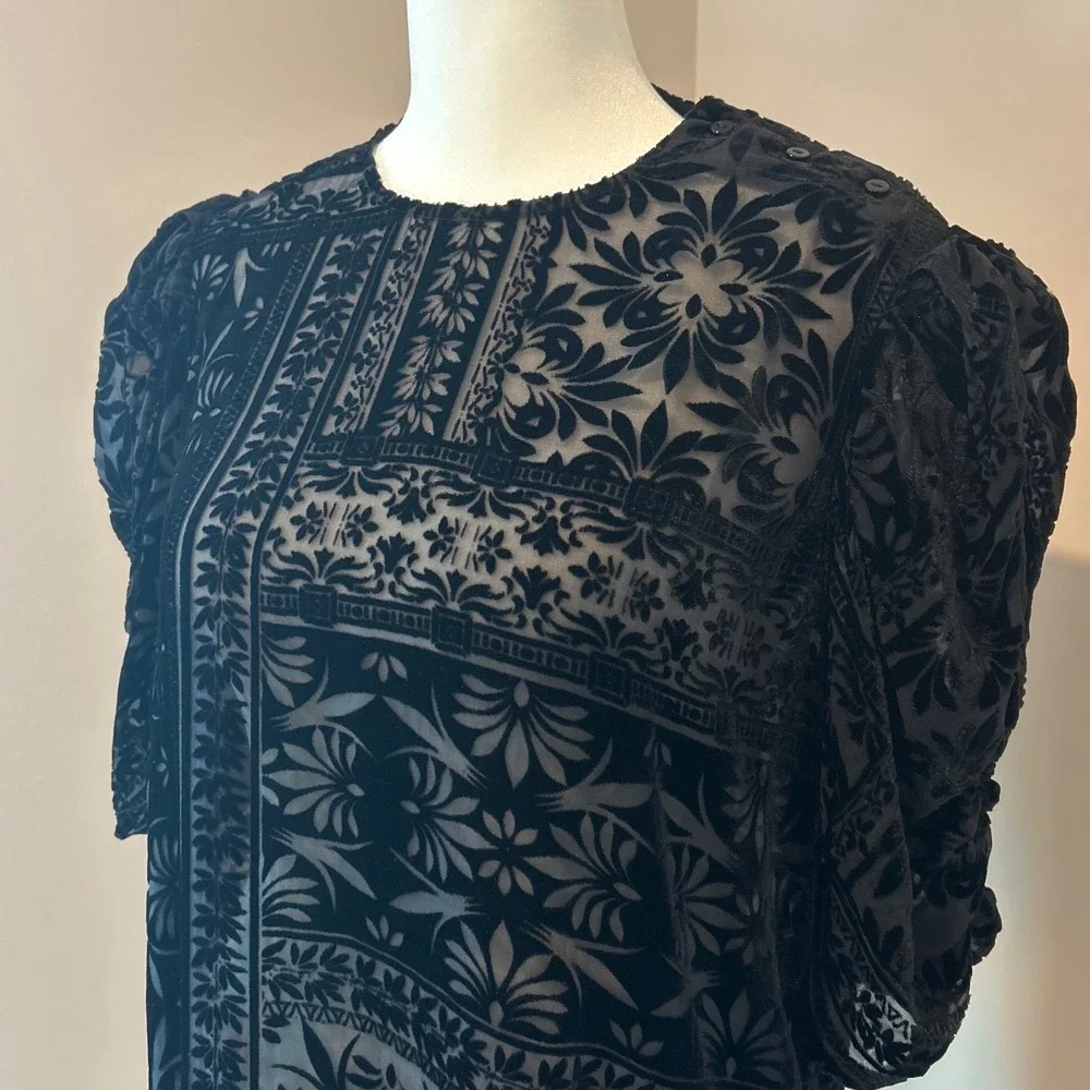 Johnny Was Amatan Ruched Velvet Blouse Black Silk Blend Burnout Sheer XS